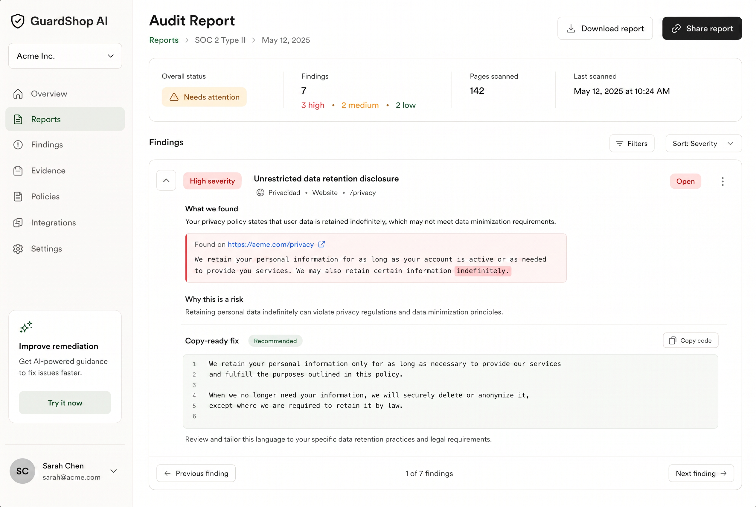 A mir-n audit finding showing the flagged text, the legal risk explanation and a copy-ready fix