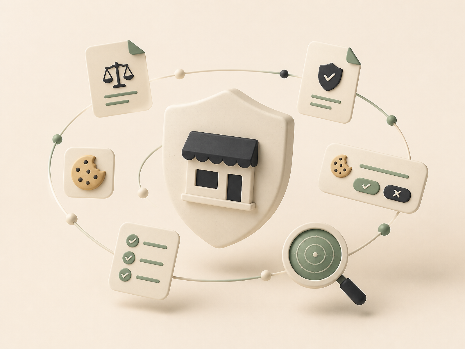 Illustration of a storefront protected by a shield, surrounded by legal documents, cookie consent, a checklist and a radar